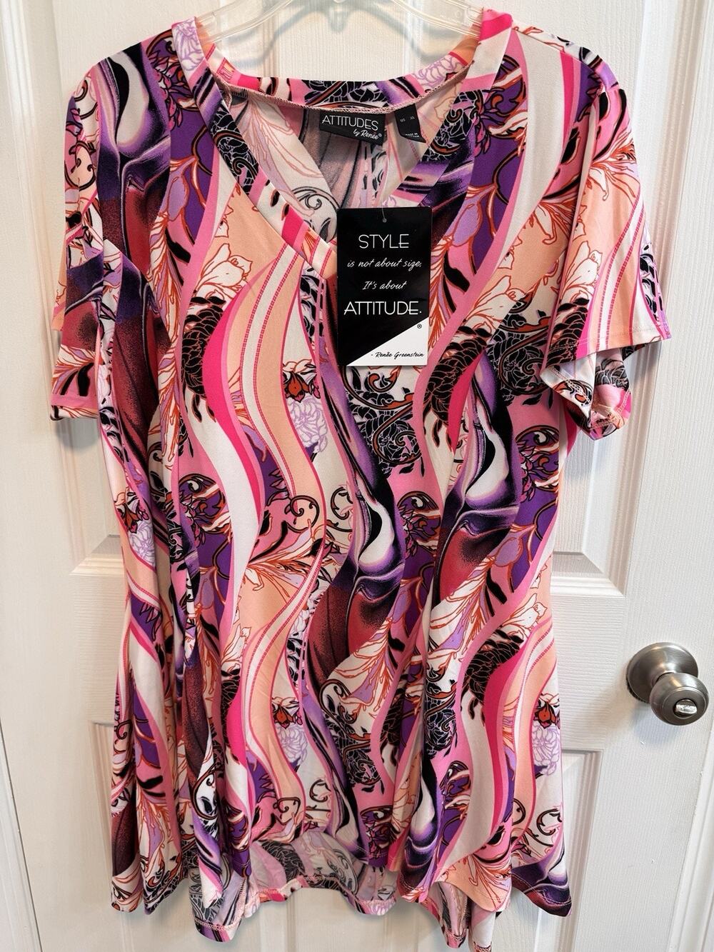Attitudes By Renee XL Pink Purple Tunic Top Short Sleeve Flared Stretch